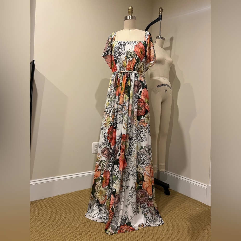 Marchesa Notte floral print maxi dress with square flutter sleeves